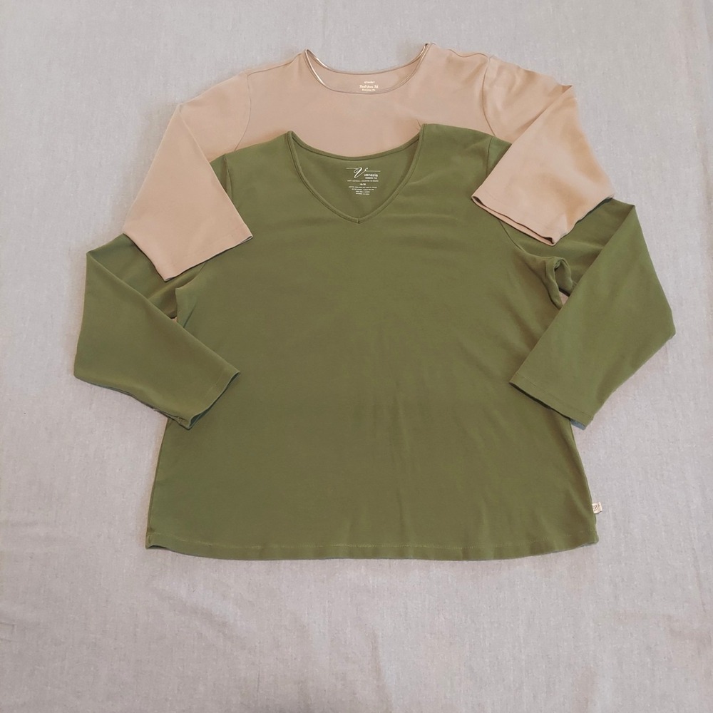 Venezia CJ Banks Lot 2 Tees 1X Plus Olive Tan 3/4 Sleeve Relaxed Stretch Casual